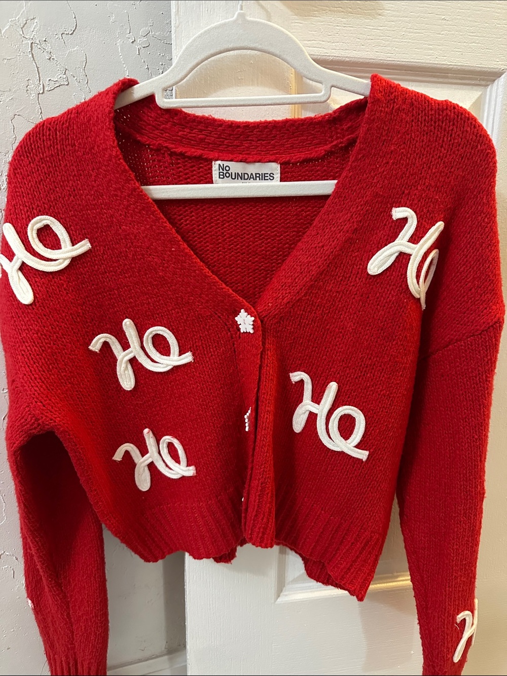 No Boundaries Red Cardigan Sweater with White 'Ho' Appliqués